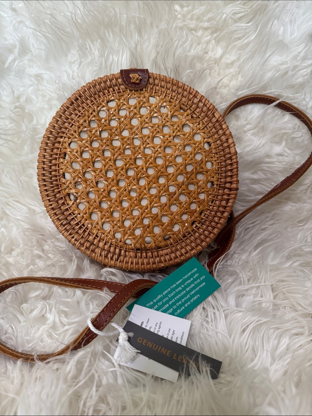 Genuine Leather Round Woven Crossbody Bag - Brown